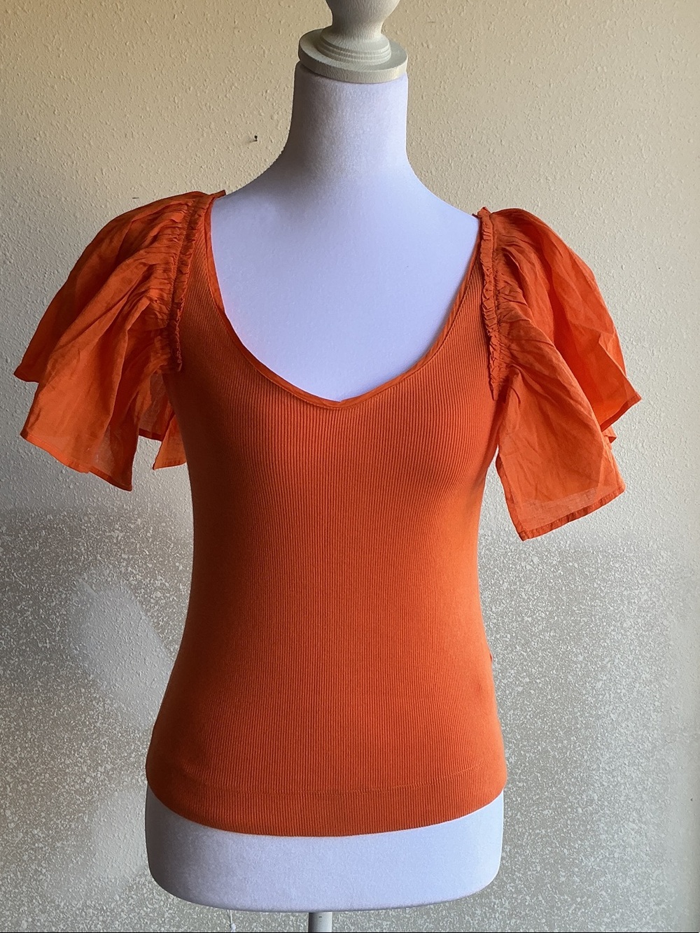 Anthropologie Orange Puff-Sleeve Scoop Tank